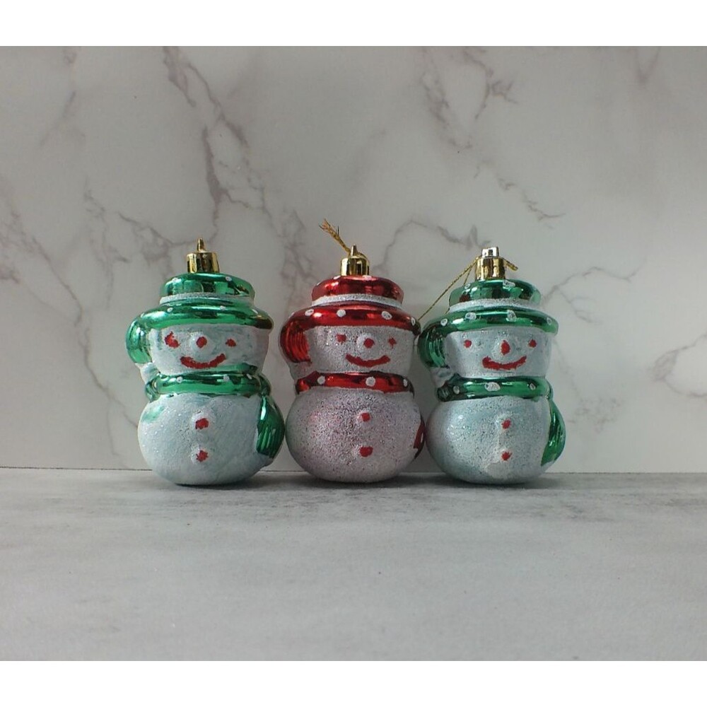 Snowman Chirstmas Holiday Ornaments Lot of 3 Red Green White Glitter 3.5 x 2"